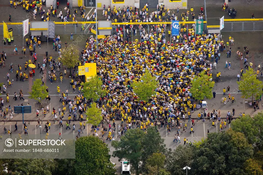 Aerial view, fans being controlled at the stadium entrance, Westfalenstadion football stadium, Signal Iduna Park, Dortmund, Ruhr area, North Rhine-Wes...