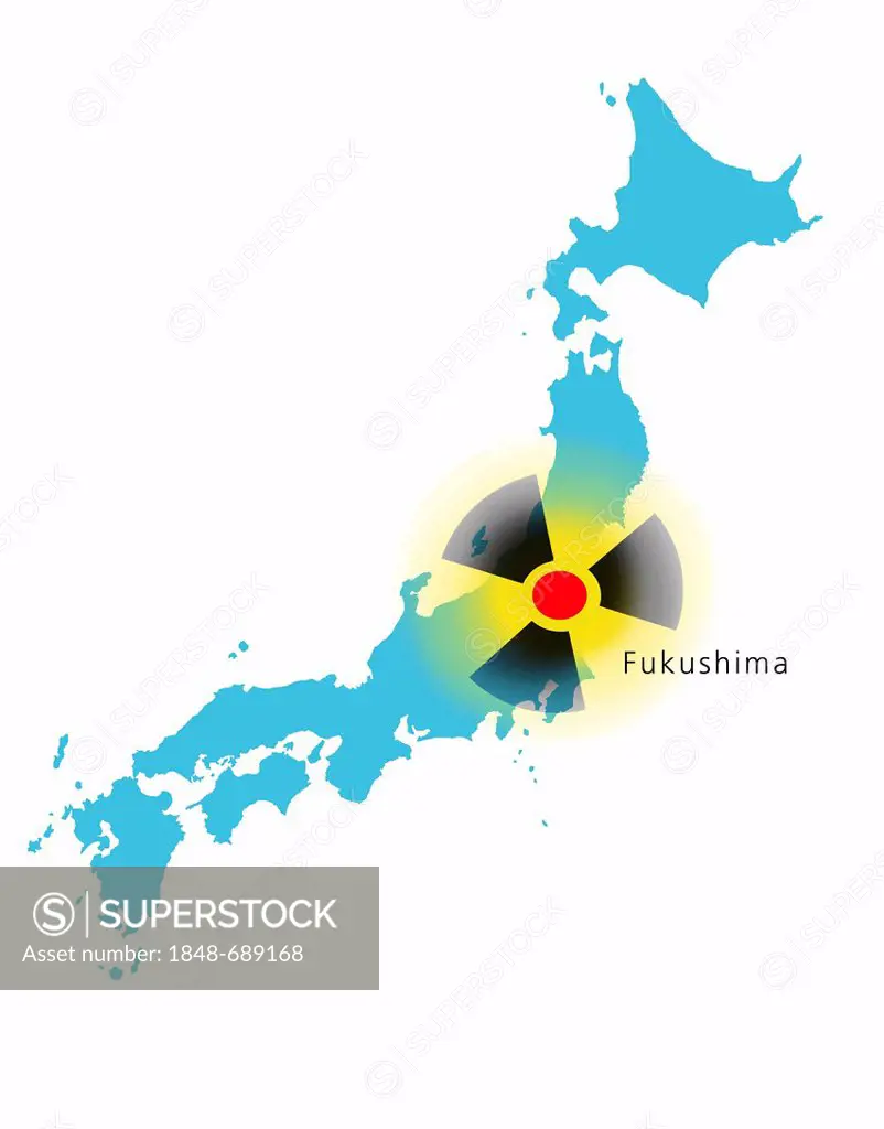 Map of Japan with radioactivity symbol over the Fukushima region, Asia