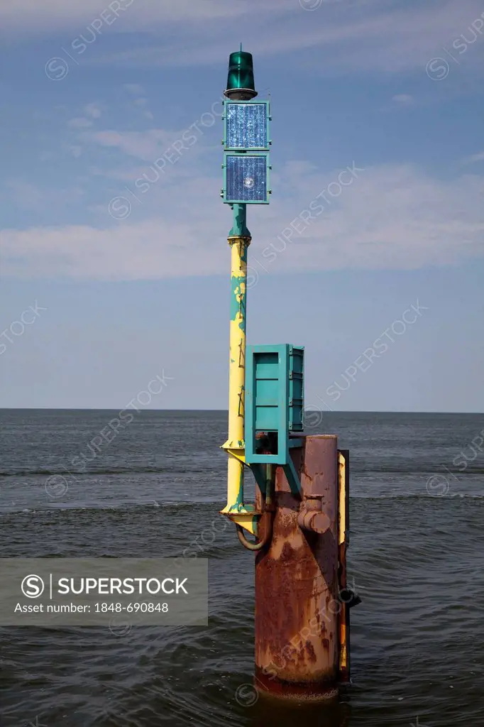 A green lamp and solar panels on a pole, navigation light, aids to navigation, Miedzyzdroje beach resort, Misdroy, Wolin Island, Baltic Sea, West Pome...