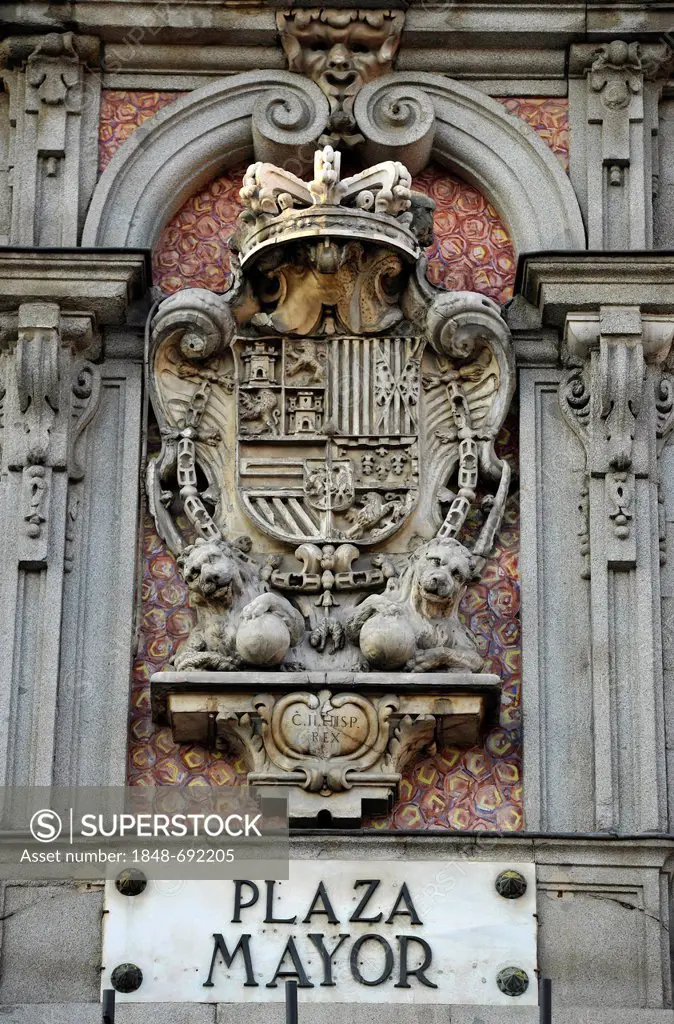 Coat of arms and mural paintings on the Casa de la Panaderia building, bakers' house, Plaza Mayor square, Madrid, Spain, Europe, PublicGround