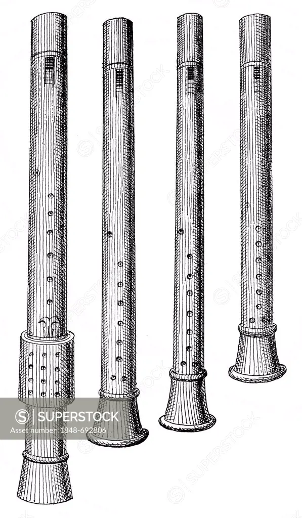 Historic drawing from the 19th century, four sizes of long flutes, 16th century