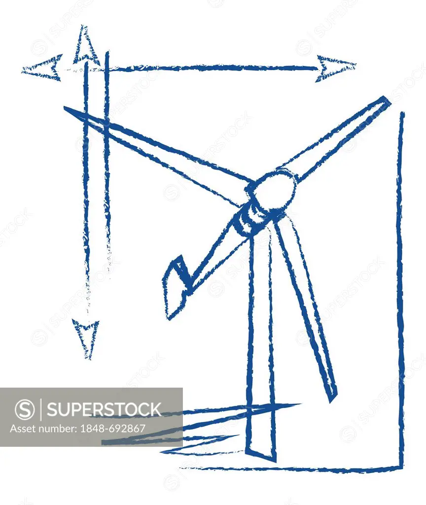 Wind turbine, technical drawing, illustration