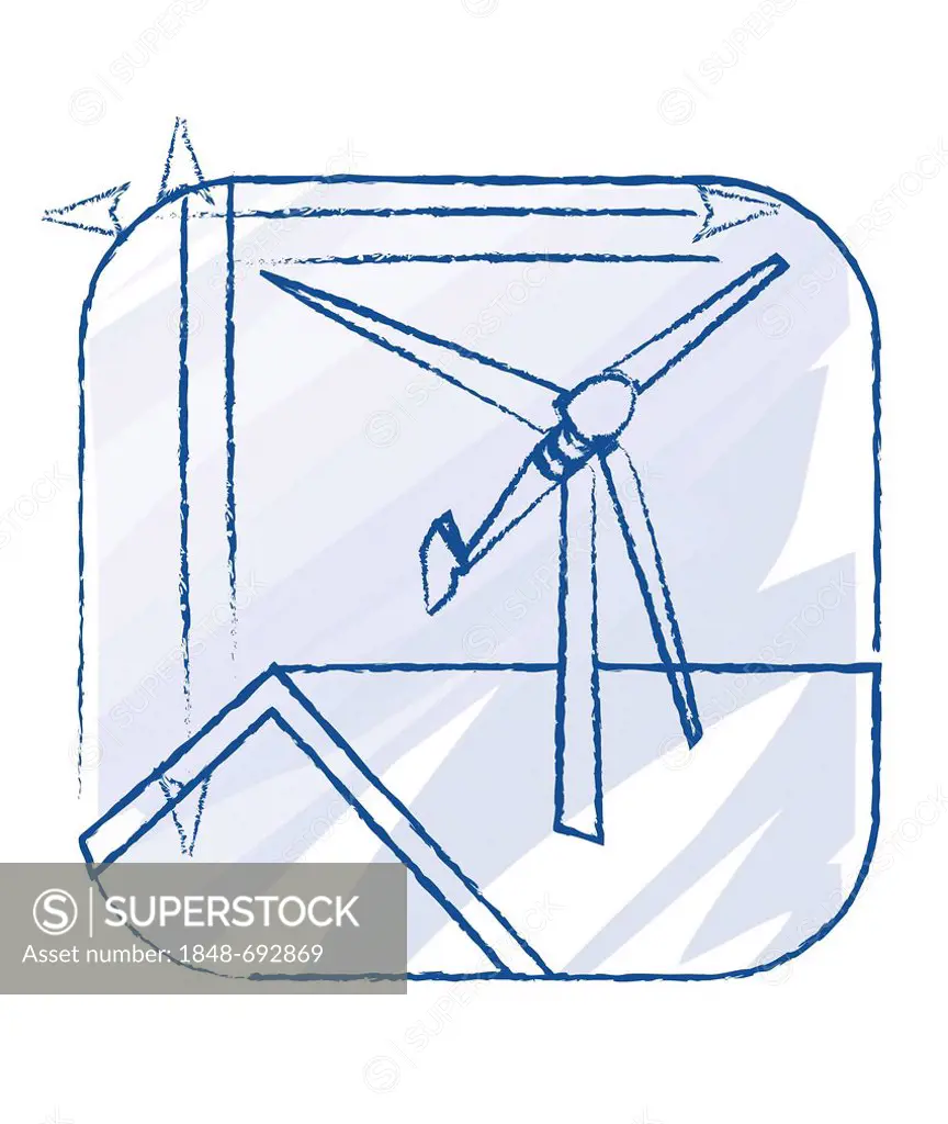 Small wind turbine on a roof, technical drawing, illustration