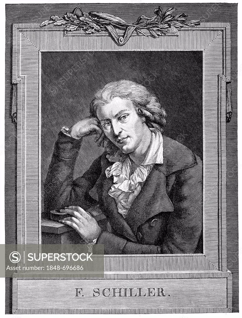 Historical illustration from the 19th century, portrait of Johann Christoph Friedrich von Schiller, 1759-1805, a German poet, philosopher and historia...