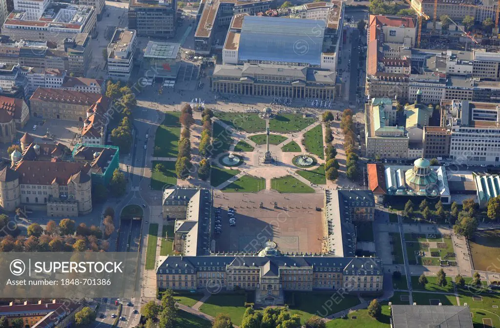 Aerial view, Neues Schloss, New Castle, Ehrenhof, Koenigsbau building, Altes Schloss, Old Castle, Stuttgart, Baden-Wuerttemberg, Germany, Europe