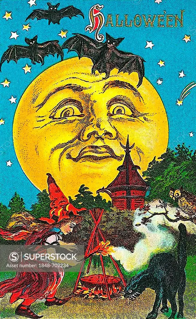 Witch dancing around a fire, black cat, bats, moon face, Halloween, illustration