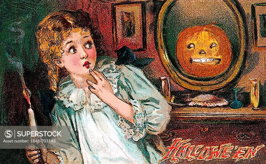 Girl with candle sees a scary pumpkin in the mirror, Halloween, illustration