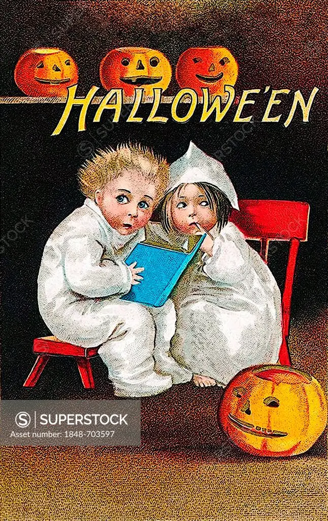 Frightened children sitting on chairs, reading a book, pumpkins, Halloween, illustration