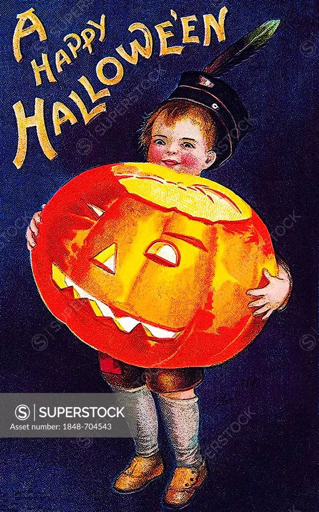 Boy holding a carved pumpkin or Jack-o-lantern in his arms, A happy Halloween, illustration