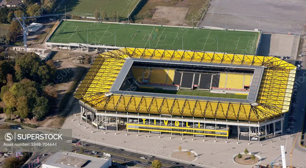 Aerial view, New Tivoli stadium, Alemannia Aachen soccer stadium, built in 2009, Aachen, North Rhine-Westphalia, Germany, Europe