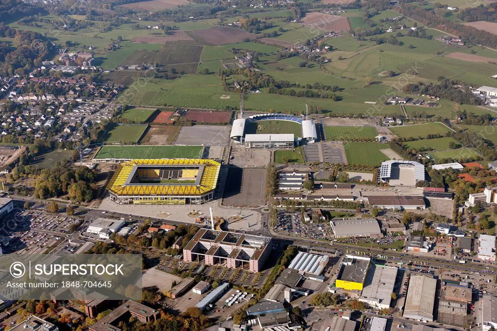 Aerial view, New Tivoli stadium, Alemannia Aachen soccer stadium, built in 2009, Aachen, North Rhine-Westphalia, Germany, Europe