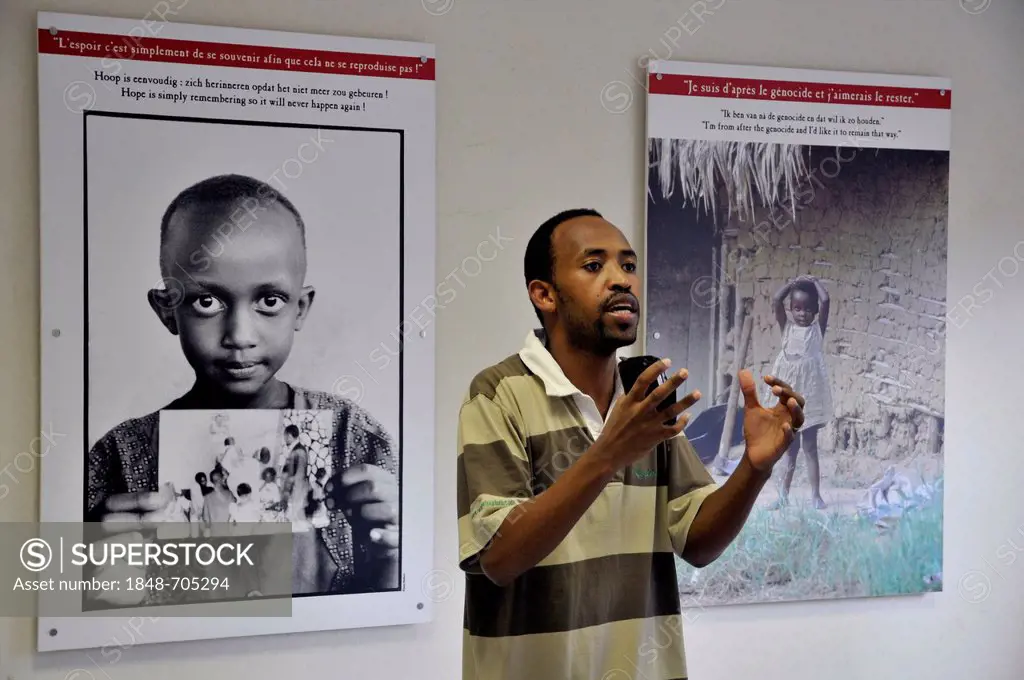 Local leader at the memorial for the Belgian peacekeeping soldiers murdered in April 1994 in Kigali, Rwanda, Africa