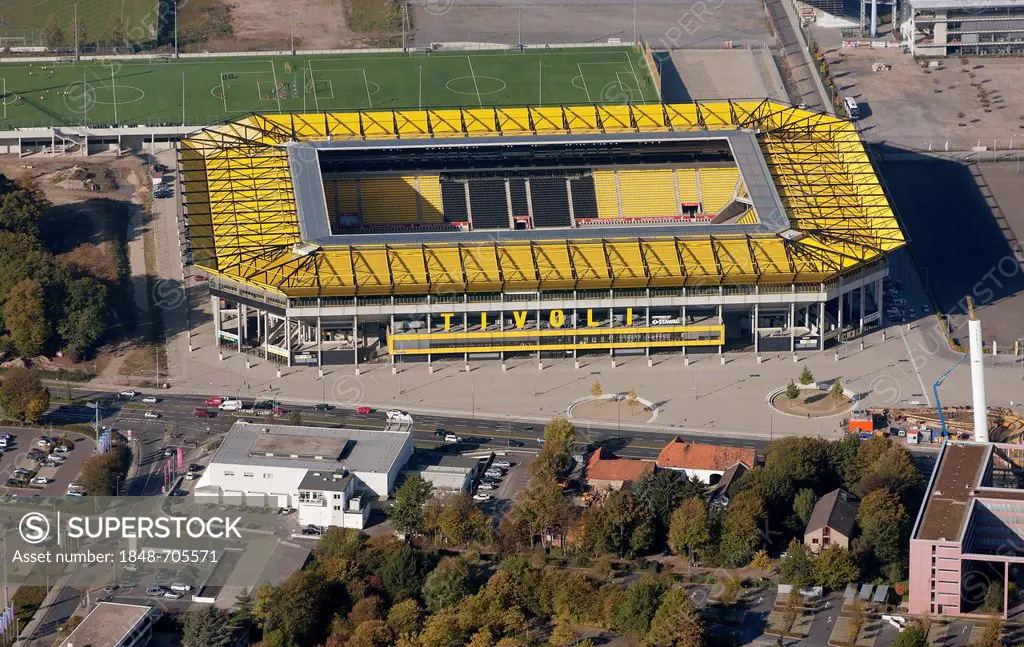 Aerial view, New Tivoli stadium, Alemannia Aachen soccer stadium, built in 2009, Aachen, North Rhine-Westphalia, Germany, Europe