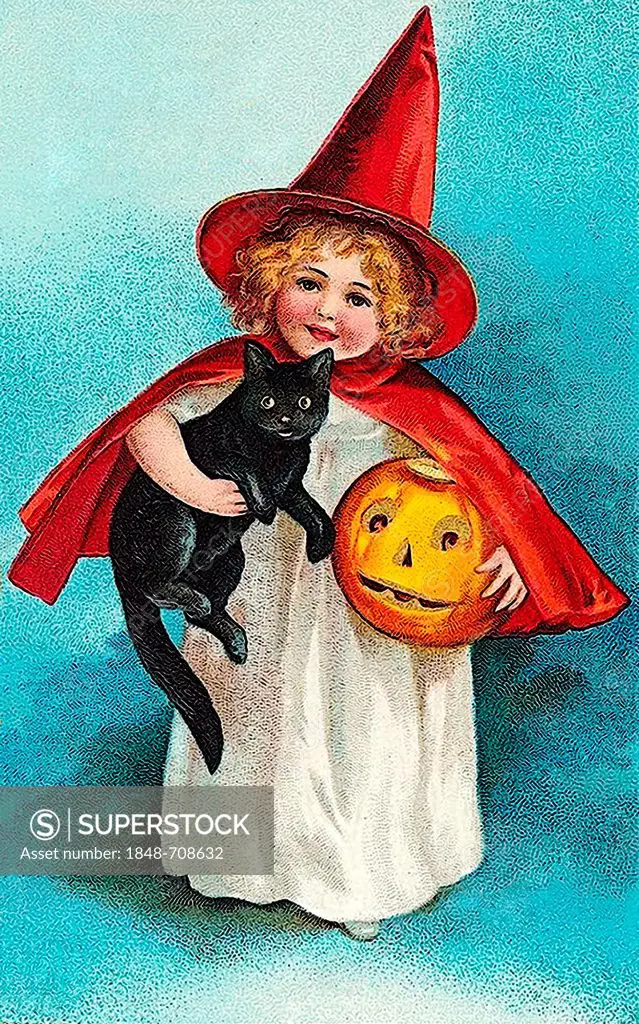 Little witch, child with a red cape and hat holding a black cat and carved pumpkin or Jack-o-lantern in her arms, illustration