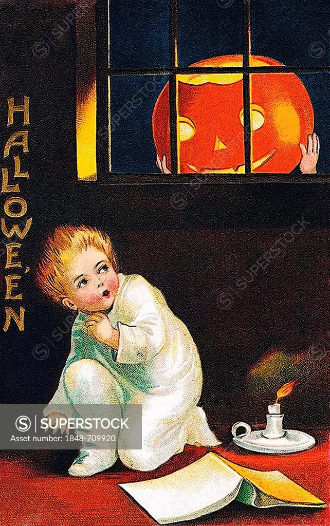 Child with book and candle, pumpkin in the window, scary, Halloween, illustration