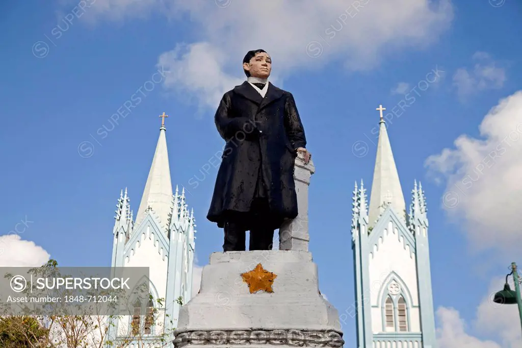 Statue of Jose Rizal in front of the Immaculate Conception Cathedral, Puerto Princesa, the island's capital, Palawan Island, Philippines, Asia