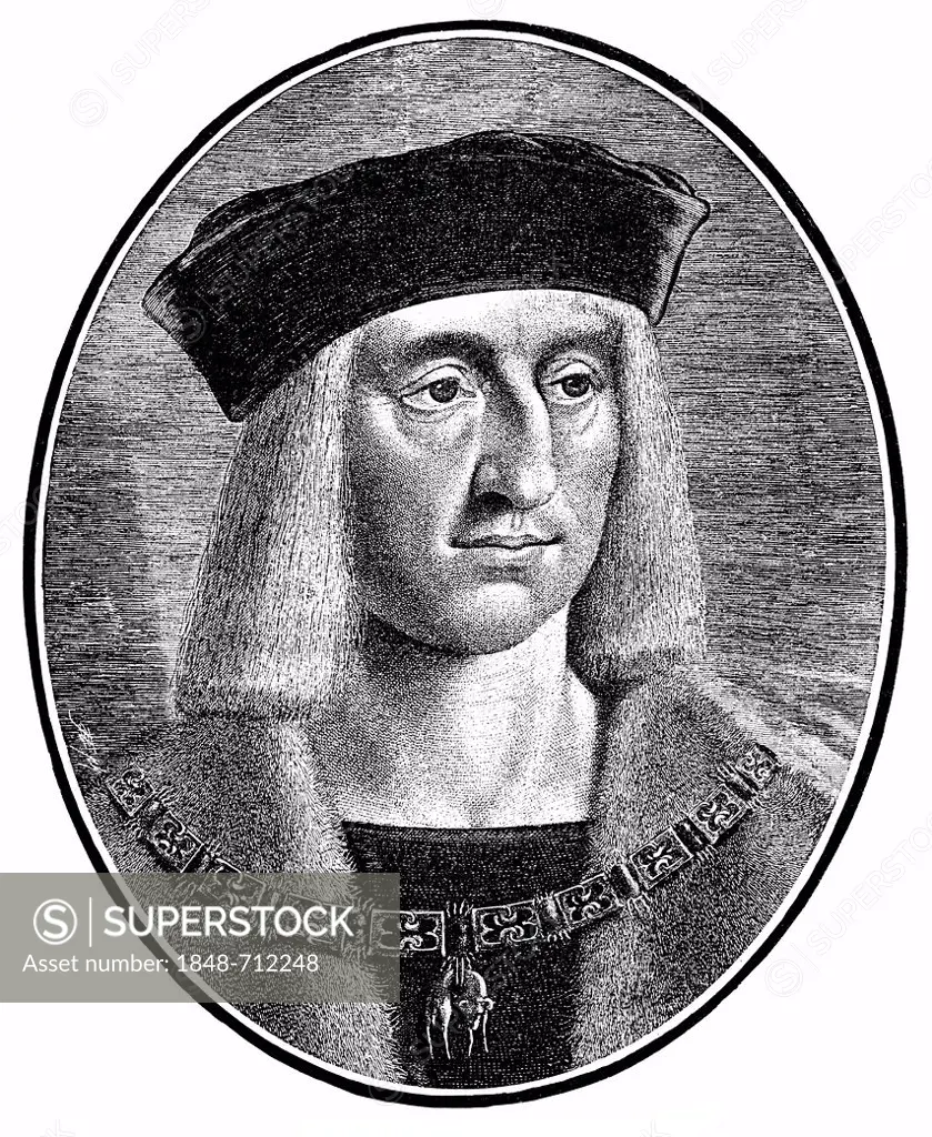 Historic print, woodcut, historical engraving, portrait of Maximilian I of Habsburg, 1459-1519, German King and Emperor of the Holy Roman Empire, from...