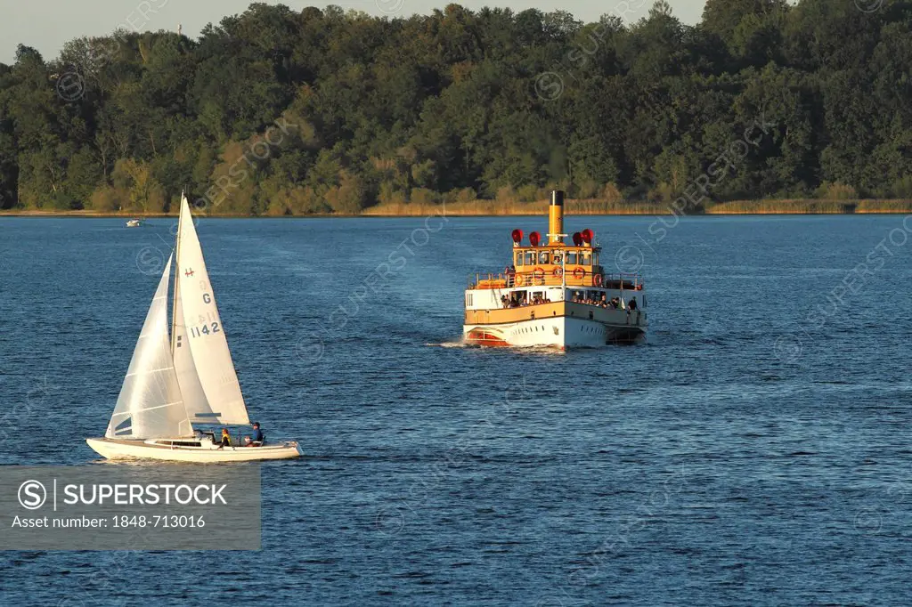 Sailboat and Chiemsee ferry boat Ludwig Fessler, lake Chiemsee, Chiemgau, Upper Bavaria, Germany, Europe