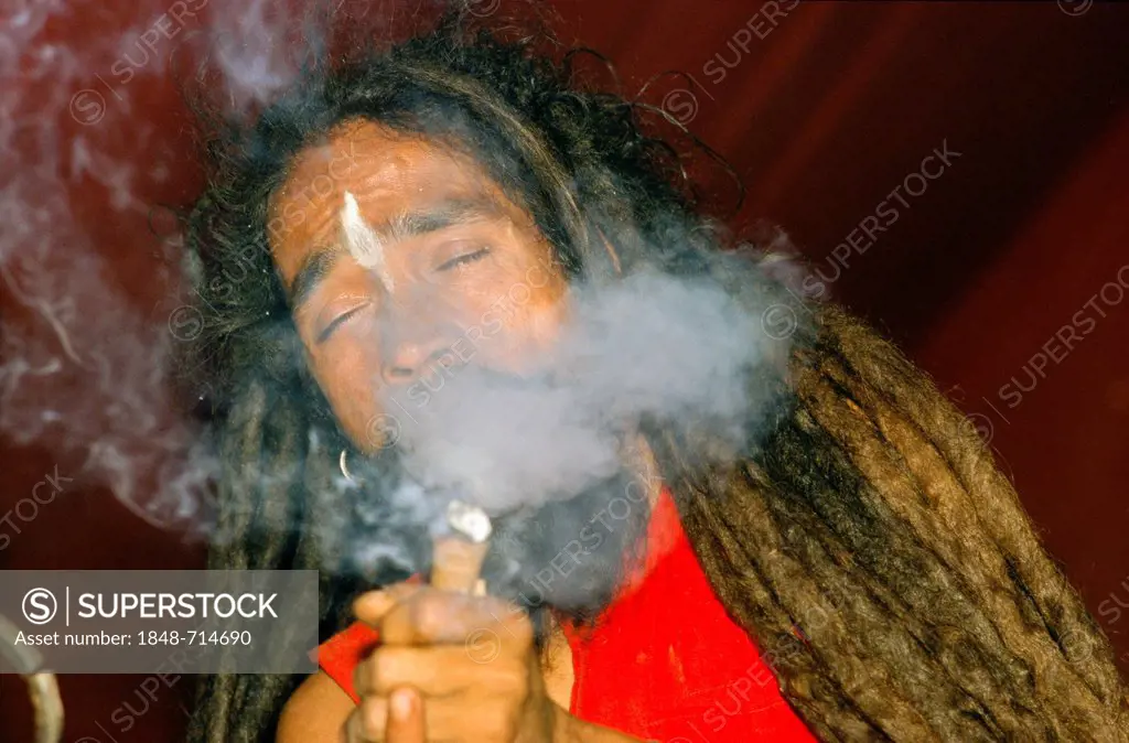 Smoking ganja is illegal, but Sadhus refer to Shiva, who also used to smoke, Allahabad, Uttar Pradesh, India, Asia