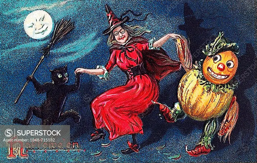 Witch dancing with pumpkin figure and black cat, Halloween, illustration