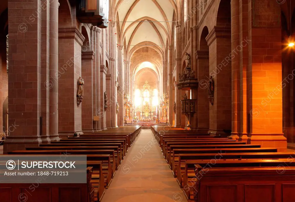 Interior view, nave of the Romanesque Cathedral of St. Peter, Worms Cathedral, Worms, Rhineland-Palatinate, Germany, Europe