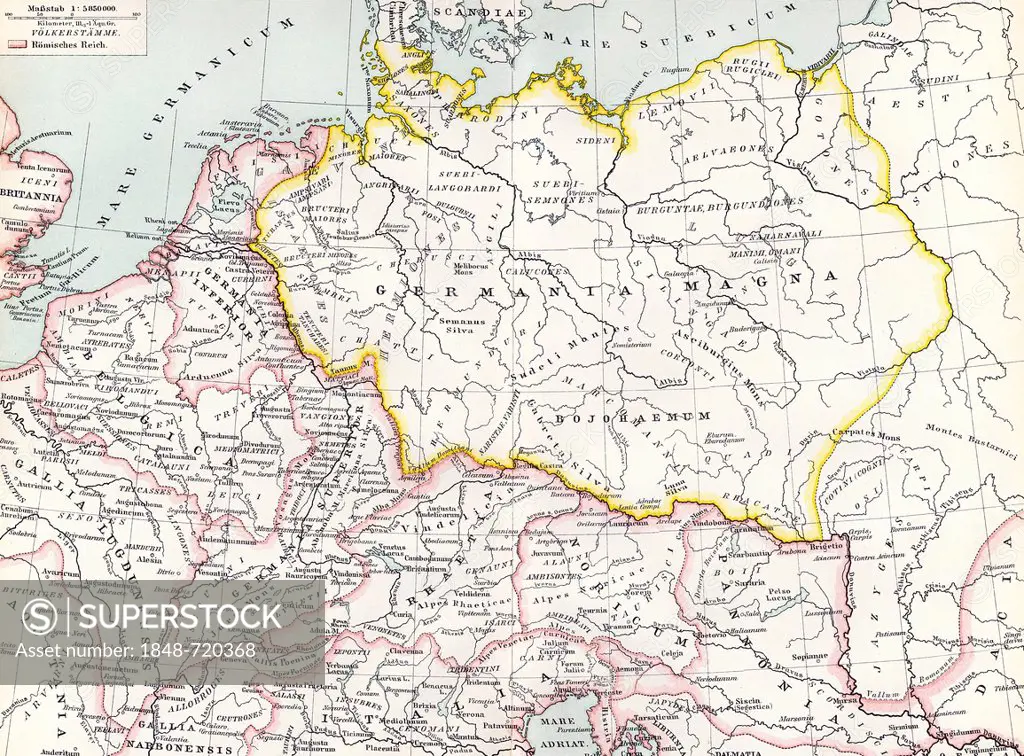 Historical map from the 19th Century, depiction of Germania in the 12th Century