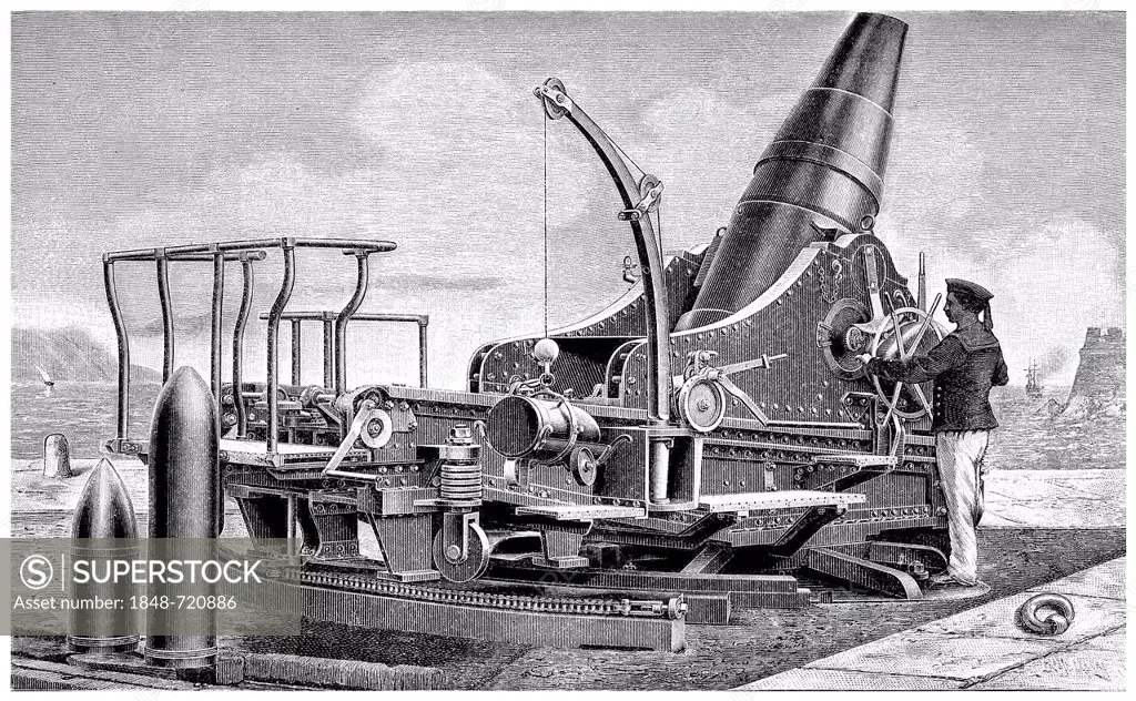 Historical illustration from the 19th Century, depiction of a German coastal howitzer from Krupp