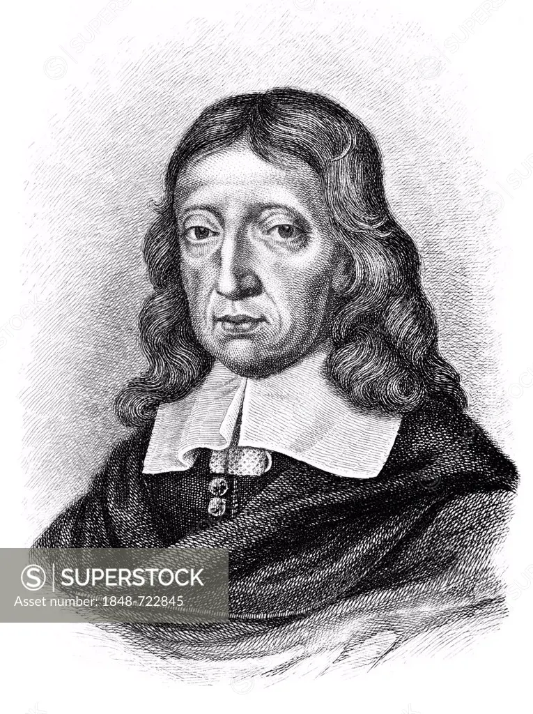 Historical engraving, portrait of John Milton, 1608 - 1674, an English poet and political philosopher