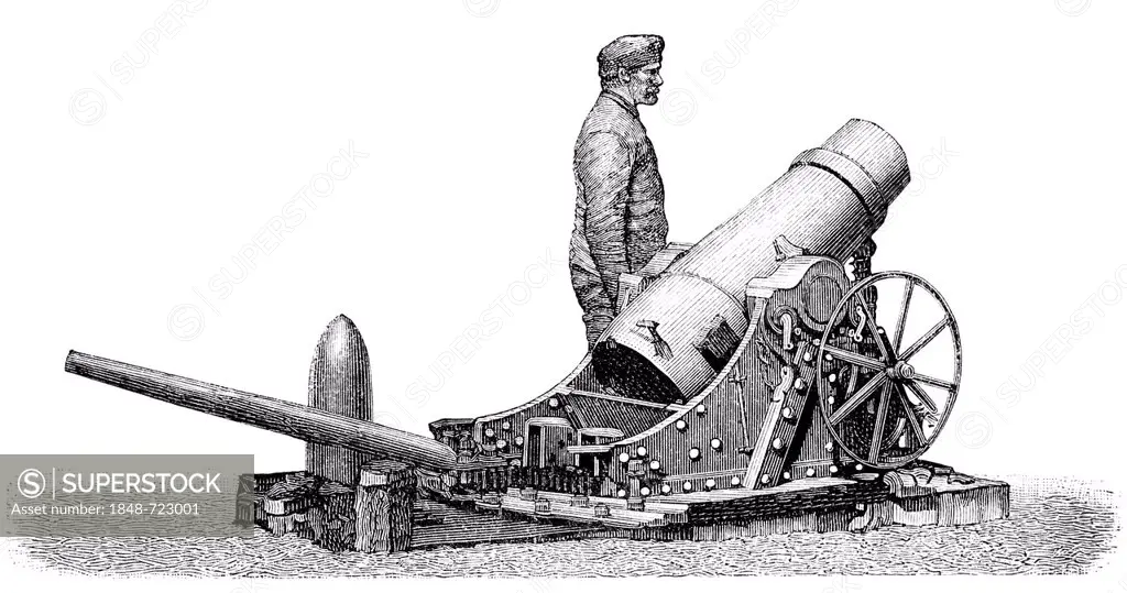 Historical illustration from the 19th Century, depiction of a German siege mortar from Krupp