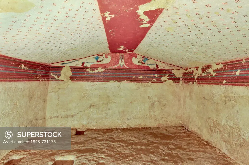 Frescoes, Tomba del Fiore di Loto, Tomb of the Lotus Flower, one of the Etruscan grave chambers of Monterozzi Necropolis, 6th to 2nd century BC, Tarqu...