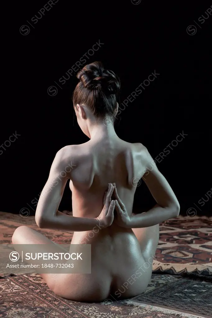 Portrait of young naked lady posing without bra - Stock Photo