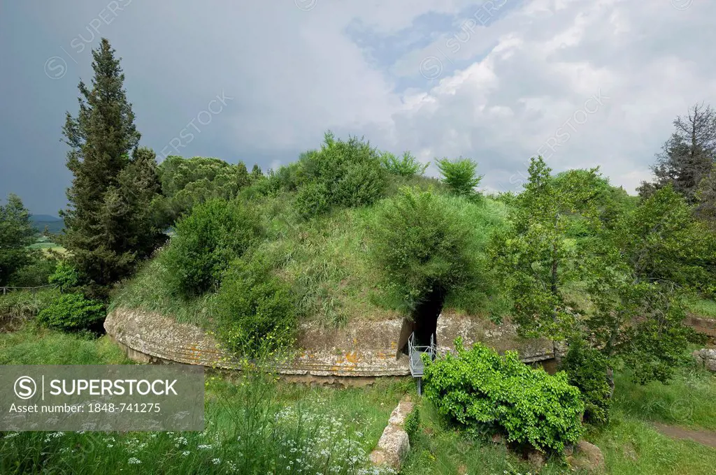 An antique round tumulus grave, Tomba della Capanna, 7th century BC, Etruscan Necropolis of La Banditaccia, Necropoli della Banditaccia, Cerveteri, pr...