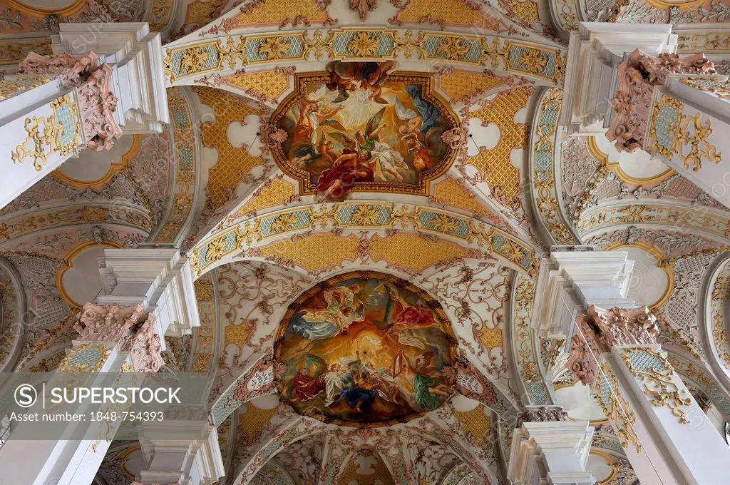 Arched ceiling of Heilig-Geist-Kirche church, one of the oldest churches in Munich, 1724-30 converted into a Baroque-style church, ceiling fresco by t...