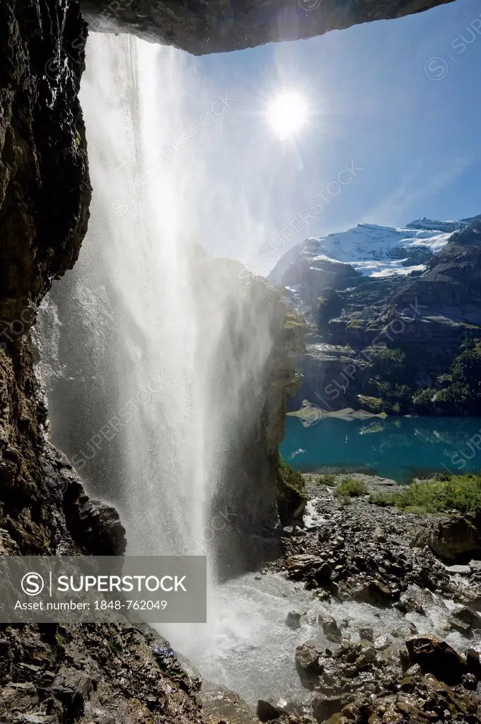 Waterfall at Oeschinensee, Oeschinen Lake, Bernese Oberland, Canton of Bern, Switzerland, Europe