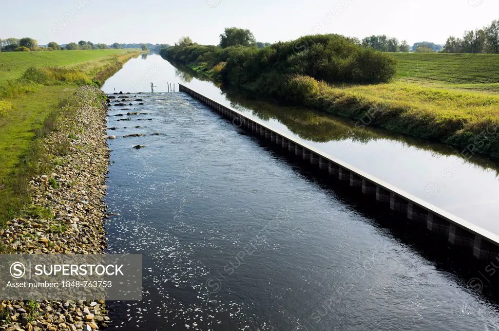 Fish ladder or fishway at Sudeabschlusswehr weir, Boizenburg - Elbe, Mecklenburg-Western Pomerania, Germany, Europe