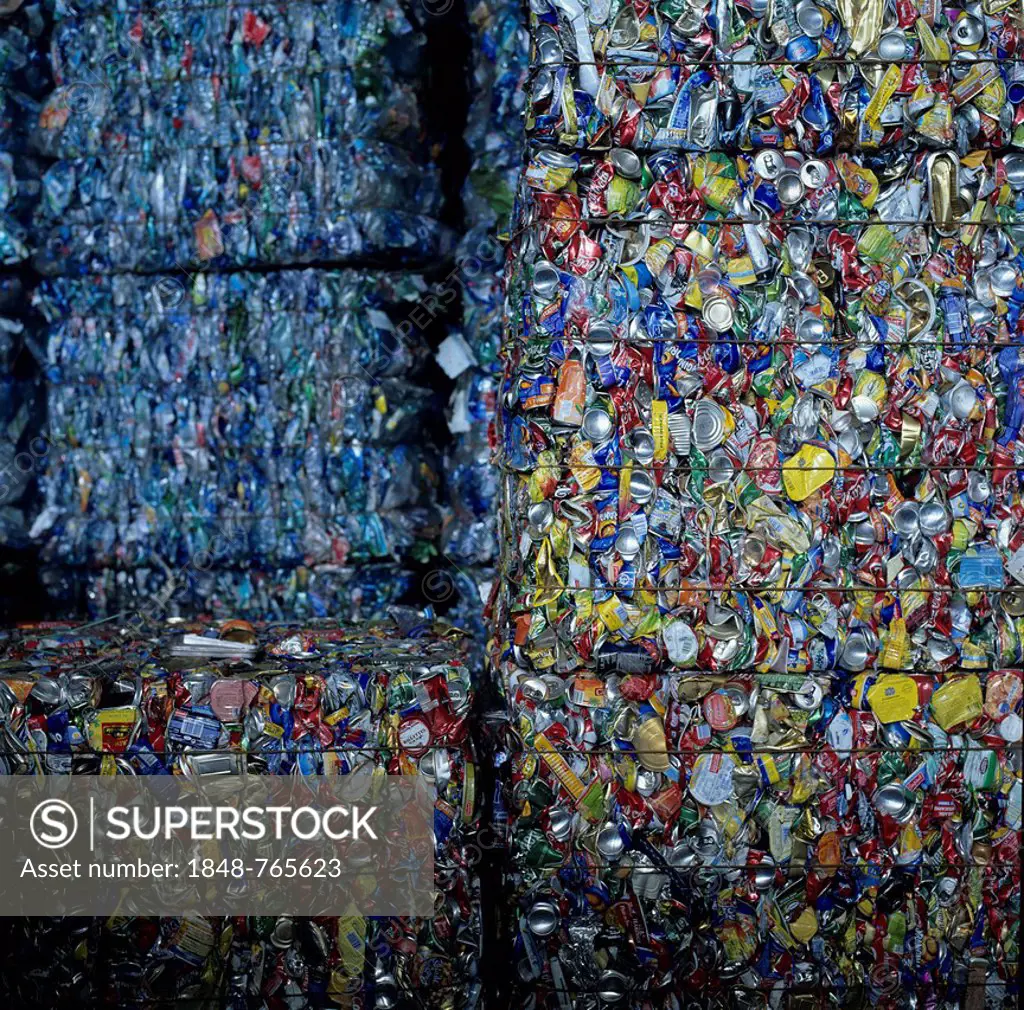 Recycling can centre, crushed food cans, sorting centre, France, Europe