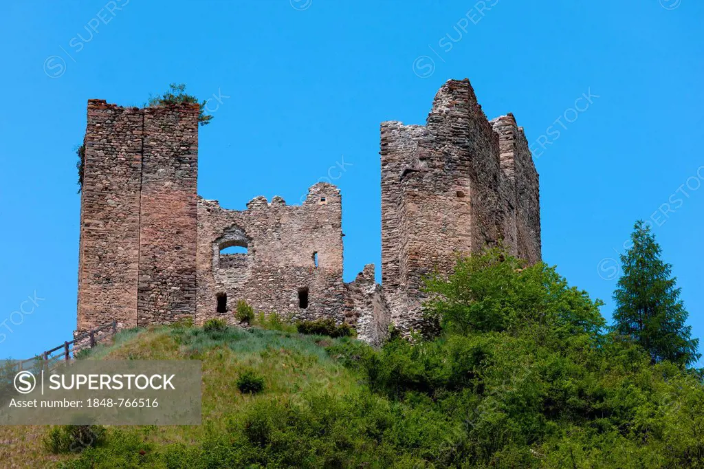 Ruins of Tschanueff Castle near Ramosch, Val Sinestra