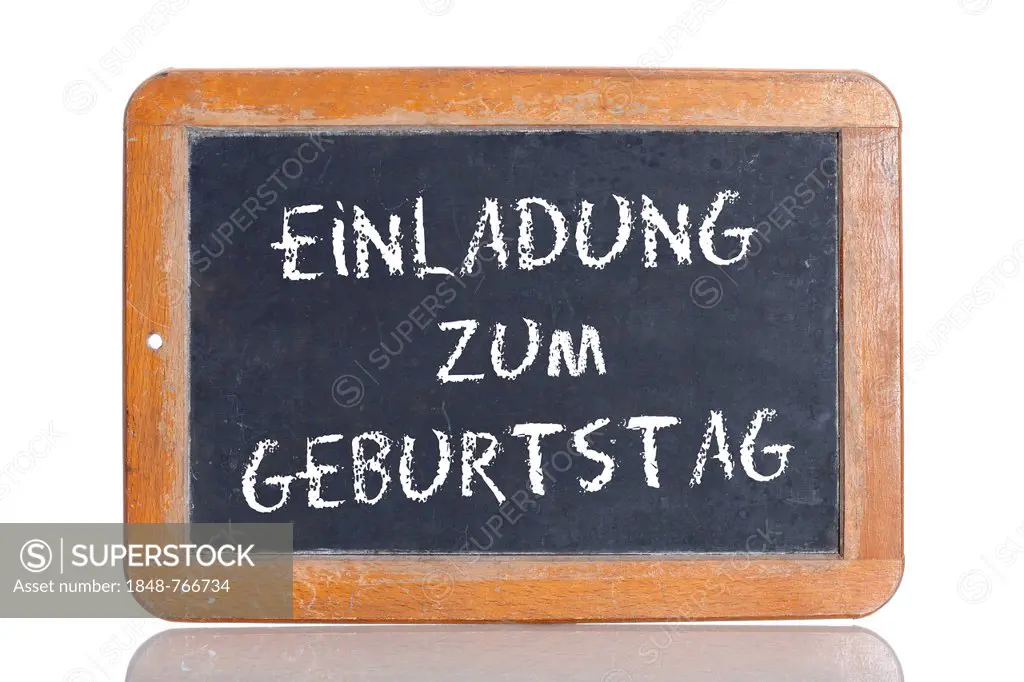 Old school blackboard with the words EINLADUNG ZUM GEBURTSTAG, German for Invitation to a birthday party