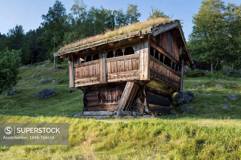 Historic wooden house with a roof covered by vegetation, Rygnestad museum village