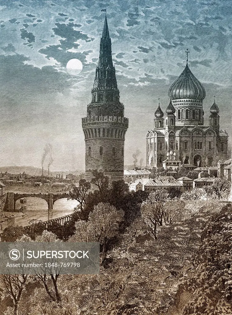 Historic drawing, Kremlin tower and the Cathedral of Christ the Saviour, Kremlin, 19th Century