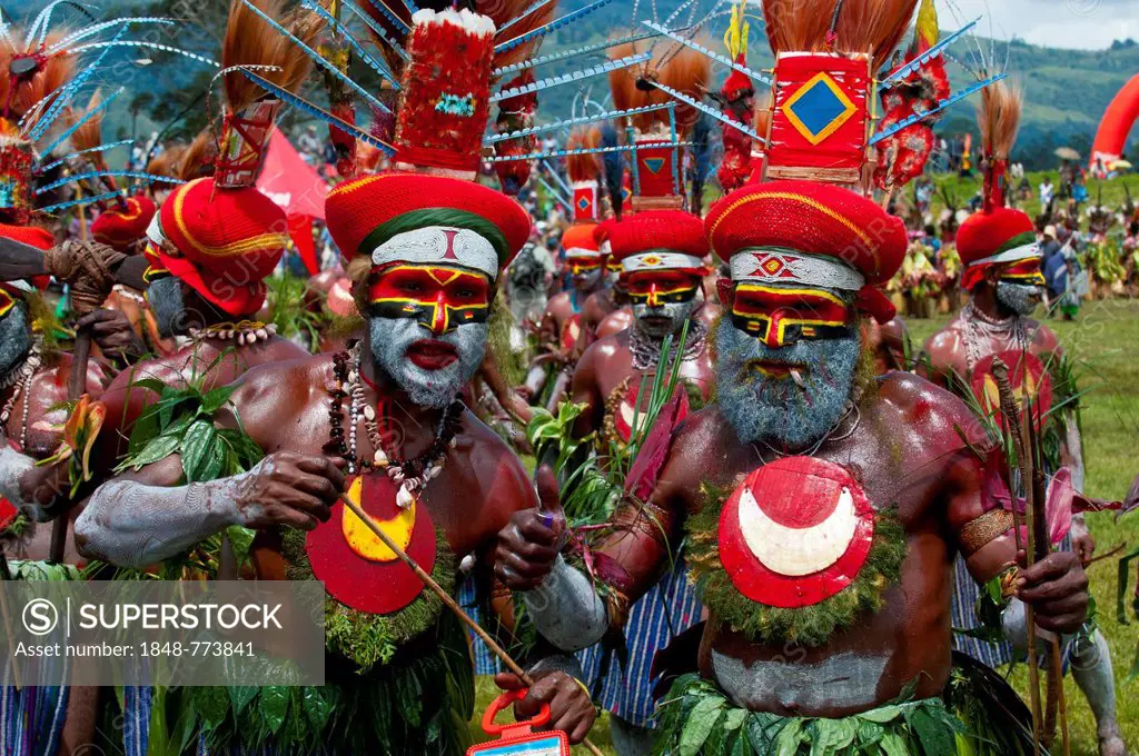 Members of a tribe in colourfully decorated costumes with face paint at the traditional sing-sing gathering