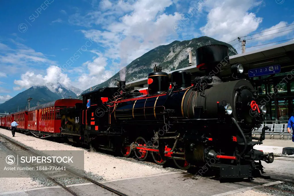 Steam locomotive of the Zillertal Railway or Zillertalbahn, Jenbach station, Zillertal Valley