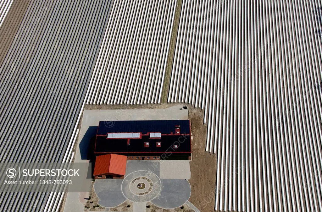 Modern agriculture, modern farmhouse, field covered with tarpaulins, cultivation, greenhouse, aerial view