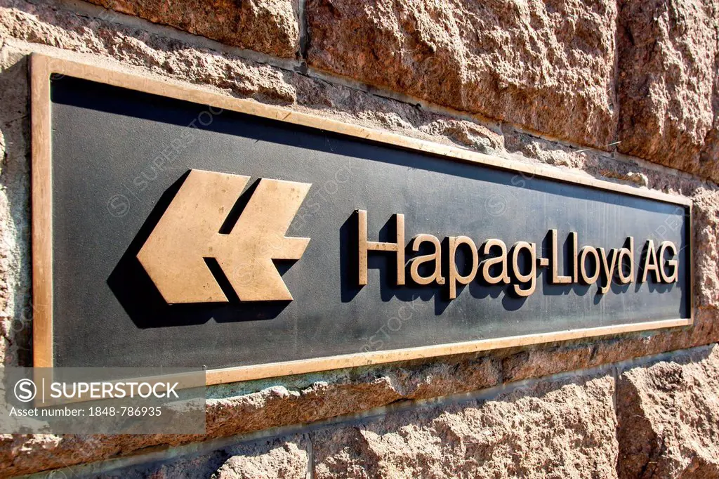 Logo and signage at the headquarters of the transport and logistics company Hapag-Lloyd AG