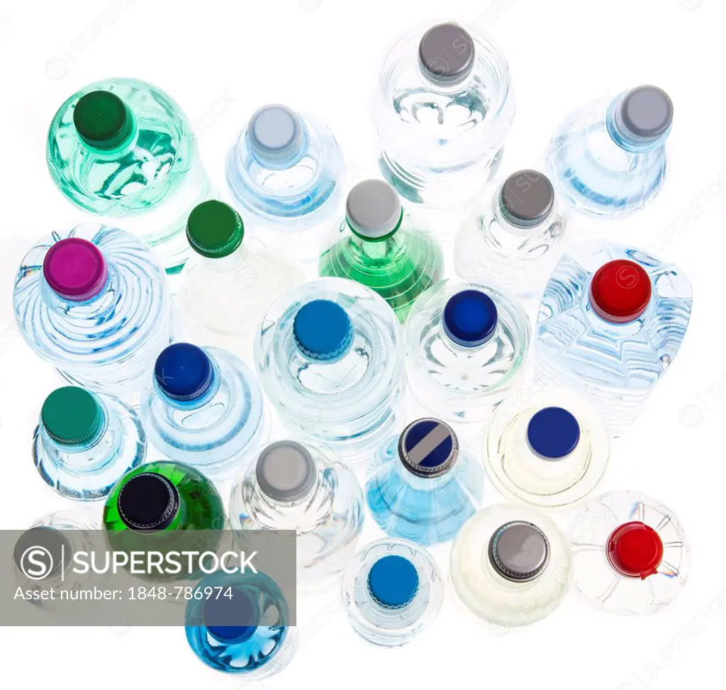 Different varieties of mineral water in bottles made of glass and plastic or PET