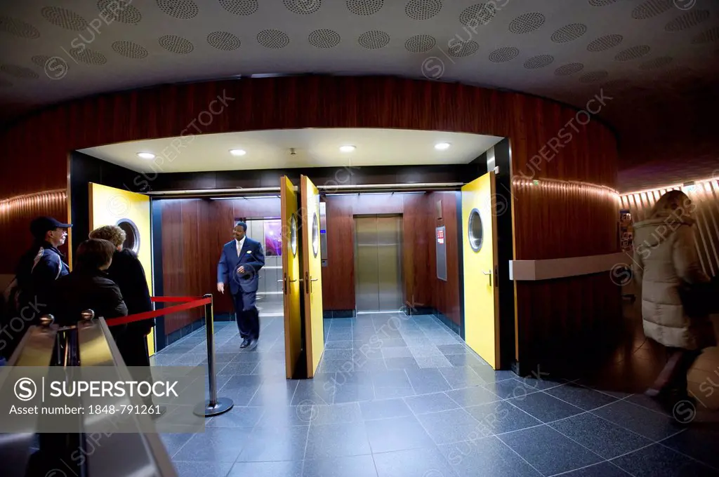 Entrance to the lift of the Berlin Fernsehturm television tower, Berlin, Germany, Europe