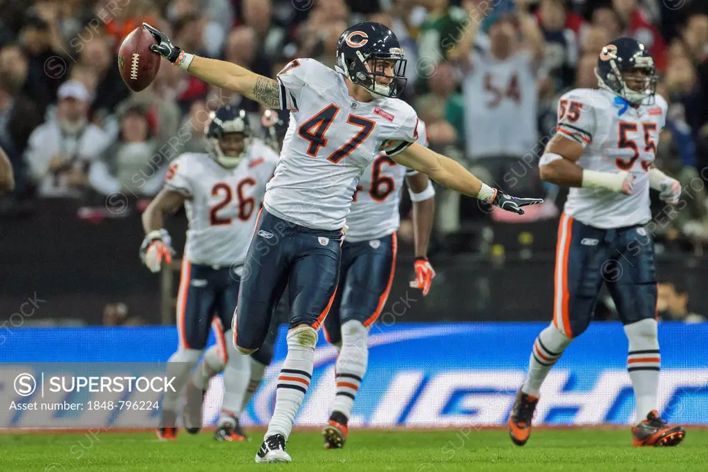 S Chris Conte, # 47 Chicago Bears, celebrates an interception during the NFL International game between the Tampa Bay Buccaneers and the Chicago Bears...