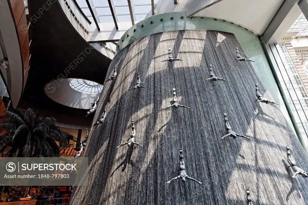 The Waterfall, artificial indoor waterfall with life-size sculptures of divers, Dubai Mall shopping centre, United Arab Emirates, Middle East, Asia