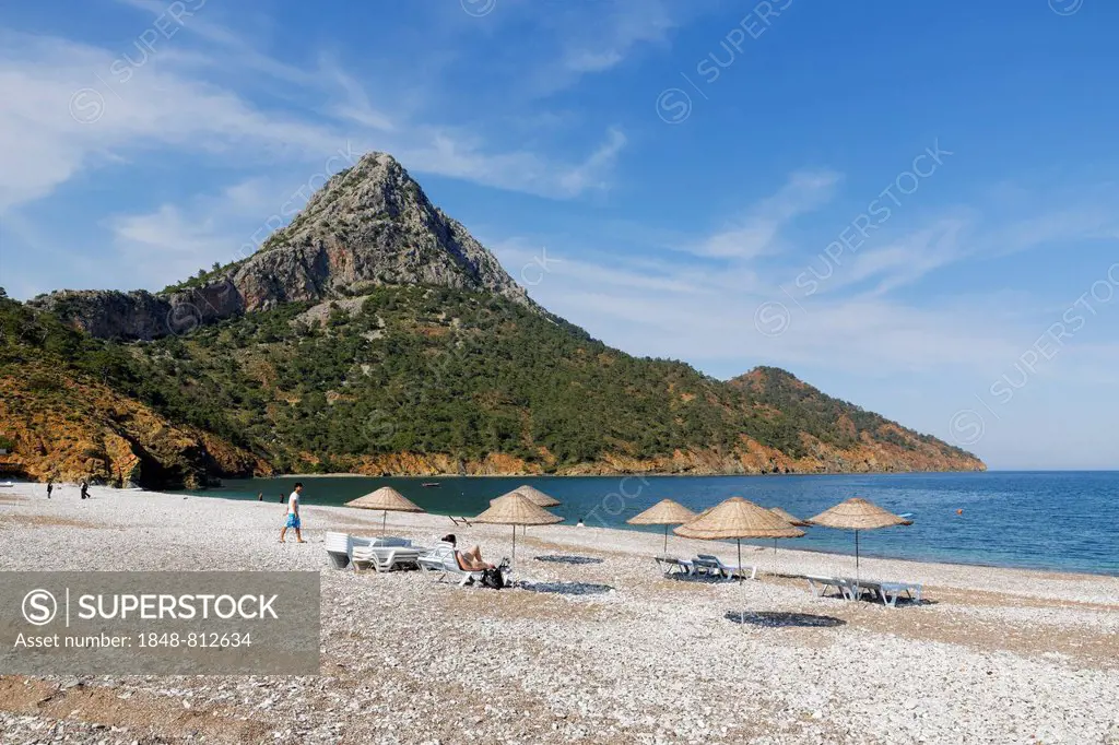 Beach in Adrasan Bay, striking rocky hill at back, Kumluca, Lycia, Province of Antalya, Turkey