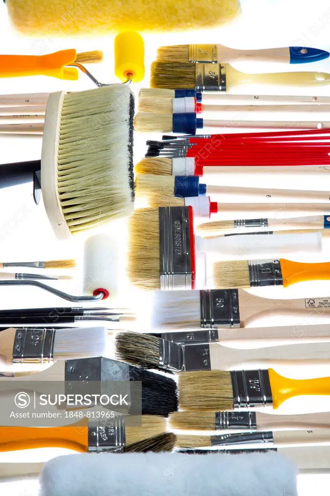 Different types of brushes and paint rollers